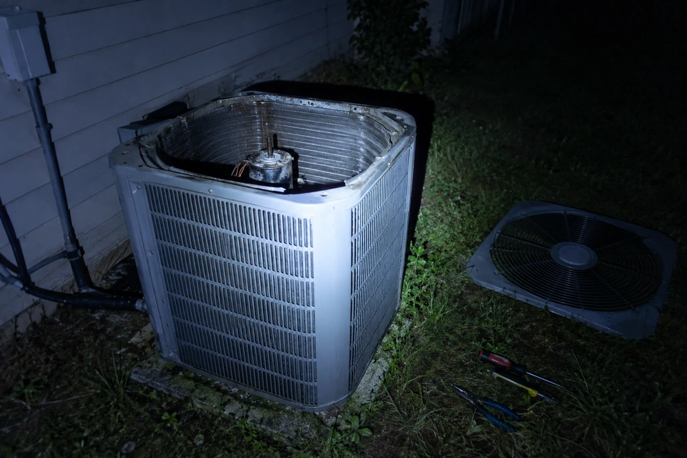 After-hours repair on an outdoor AC condenser at night, lit by a work light with the fan grille removed and tools on the grass